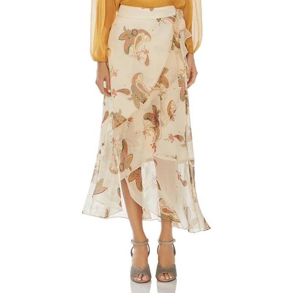Vince Camuto Tan Ruffled Wrap Paisley Midi Skirt